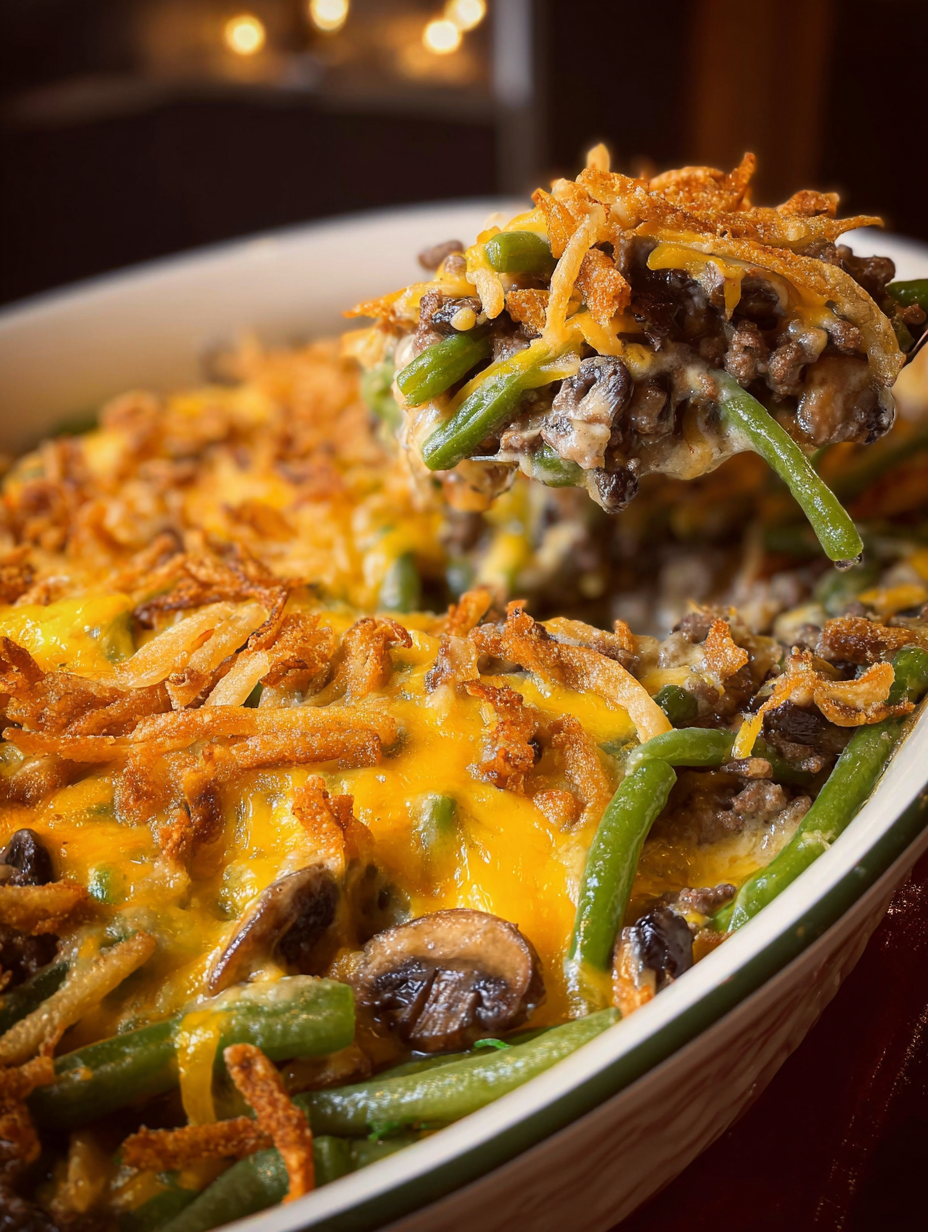 Hamburger Green Bean Casserole with Mushrooms