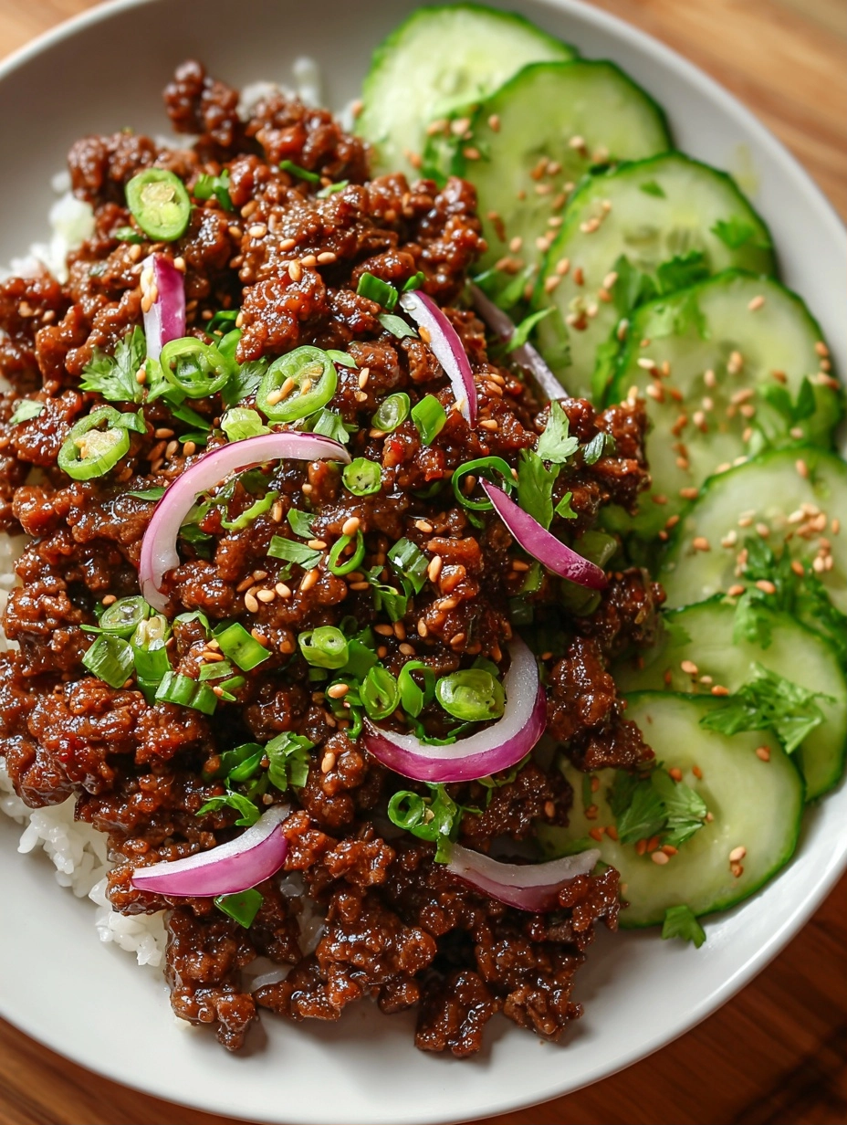 Spicy Korean Ground Beef with Cucumber Salad